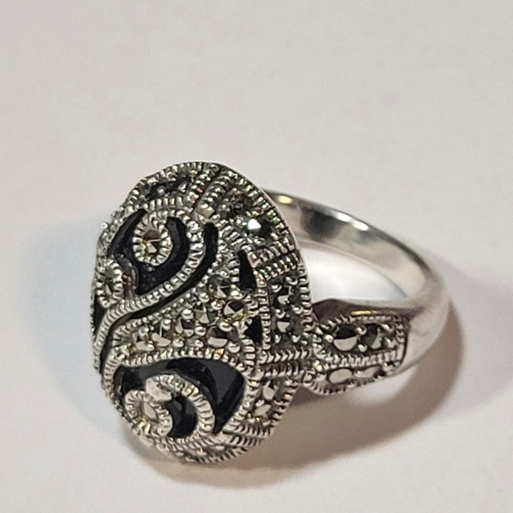 Vintage Sterling Silver, Marcasite, Jet Onyx